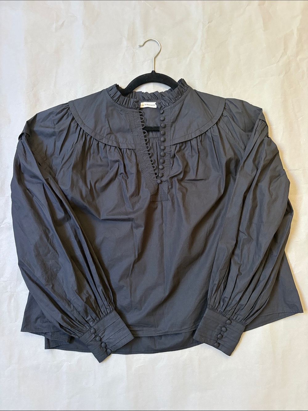 Ulla Johnson Black Ruffled Yoke Button-Trim Blouse. Size 6.